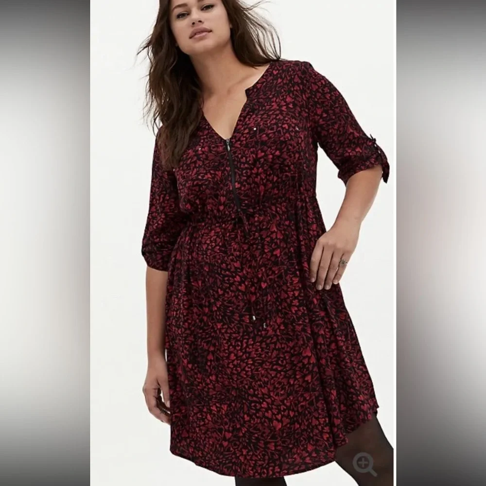 Torrid Red A-Line Midi Dress with V-Neck and Cuffed Sleeves XXL heart Red - Picture 4 of 16